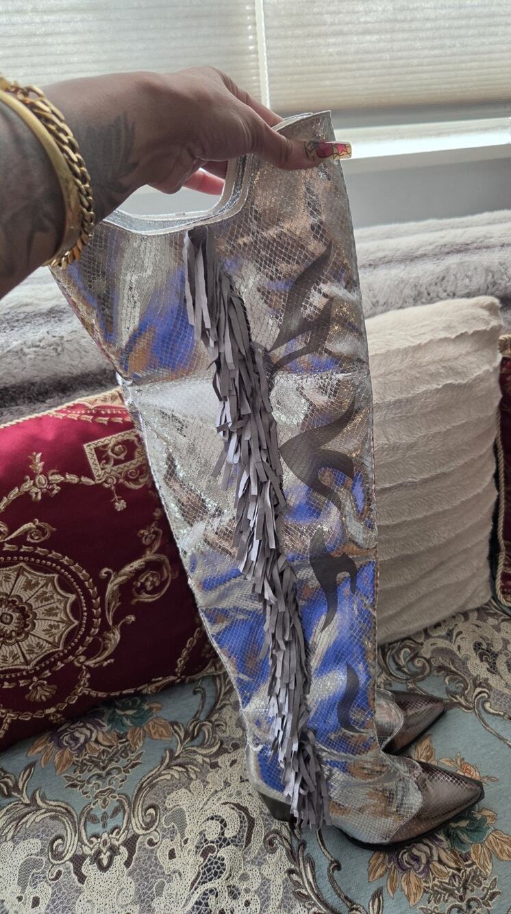 Women's Thigh-High Western Boots Silver/Multicolor Pointed Toe Sz 40/8.5